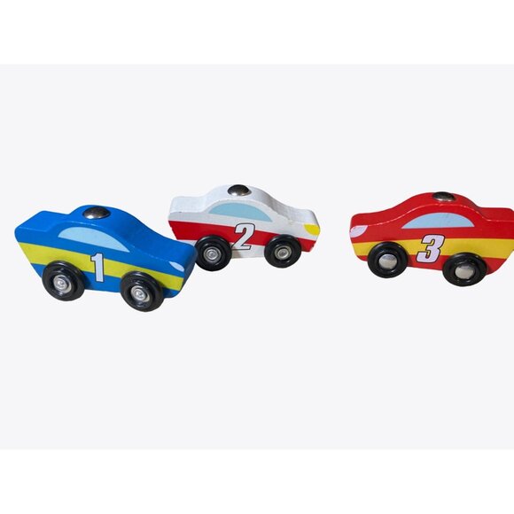 Wooden Race Car Toys Set Of 3 - Red Blue & White – Numbered 1 2 3 - Picture 5 of 11